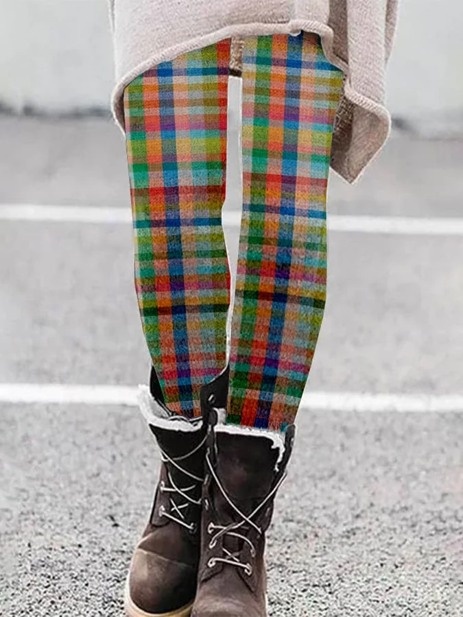 Vintage Plaid Printed Tight High Elastic Leggings