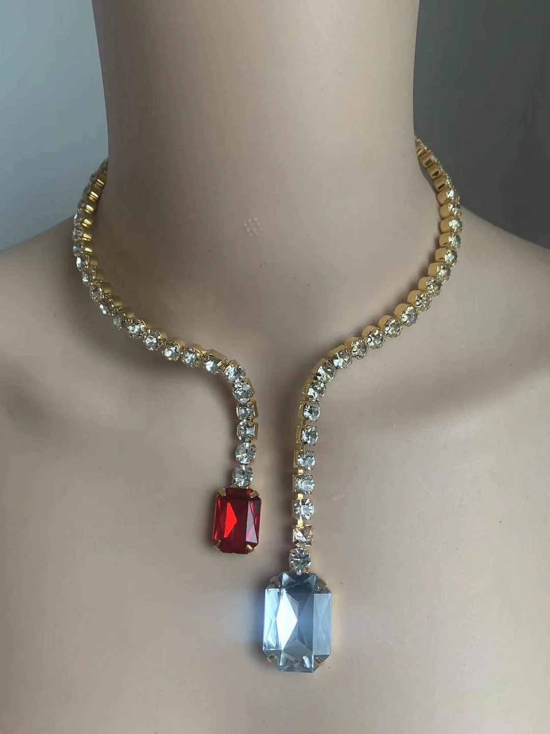 Elegant Double Big Crystal Pendant Cuff Collar Necklace