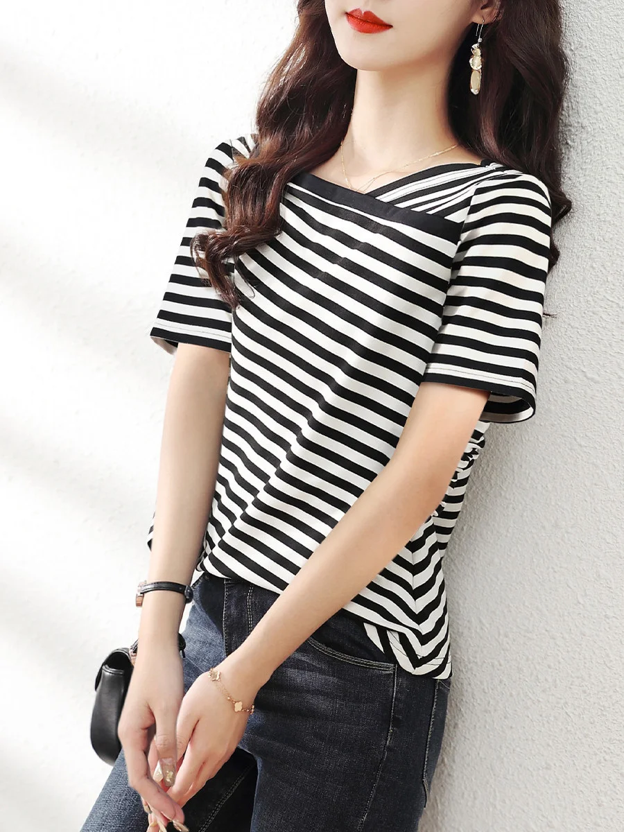 Athvotar Athvotar Thin Style 2025 New Retro-Collending V-Neck Striped Knitted Shirt Short-Sleeved T-Shirt Top For Women's Summer