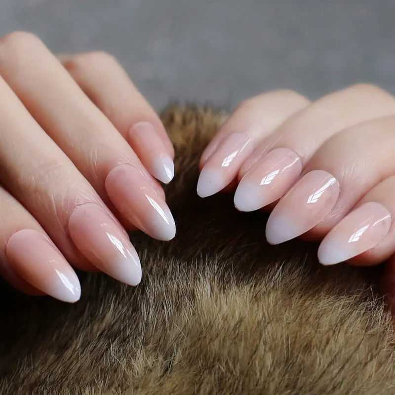 White tipped coffin nails out line UV french tips nude glossy fasle nails sophisticated nude with little bit of tipping edge-Nail Inspo