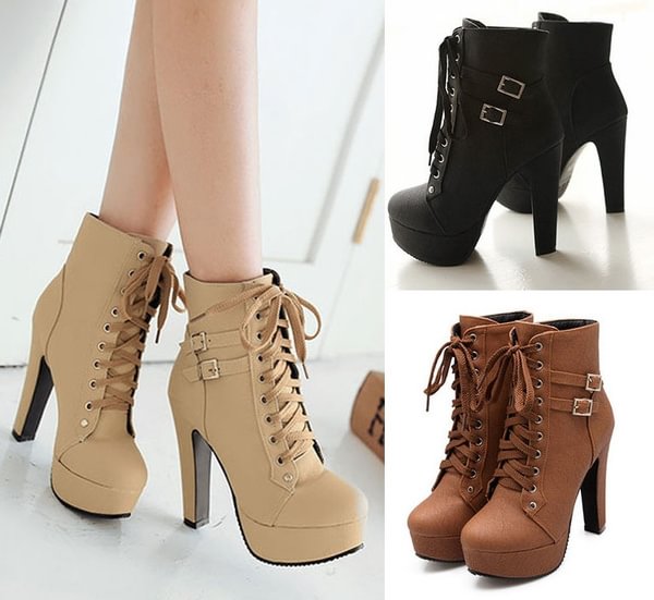 2016 Autumn Winter Women Ankle Boots High Heels Lace Up Leather Double Buckle Platform - Life is Beautiful for You - SheChoic