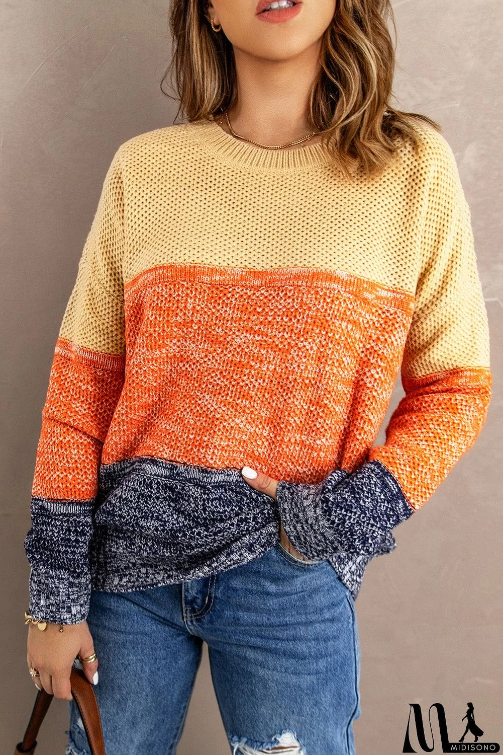 MidiSono - Orange Blue Color Block Sweater