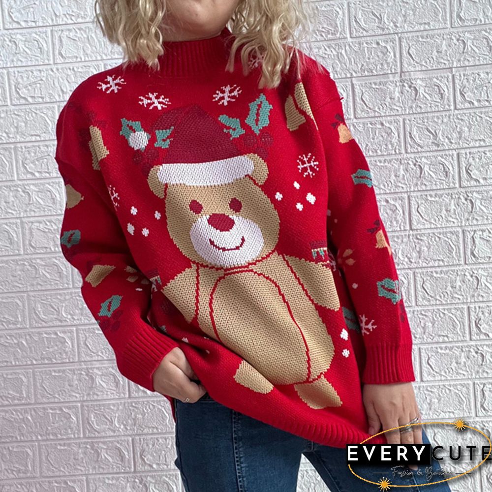 Red Christmas Bear Snowflake Pattern Pullover Sweater