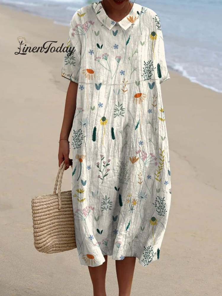 Women’s Vintage Lovely Floral Art Print Casual Pocket Linen Dress（Convertible Dress With Front