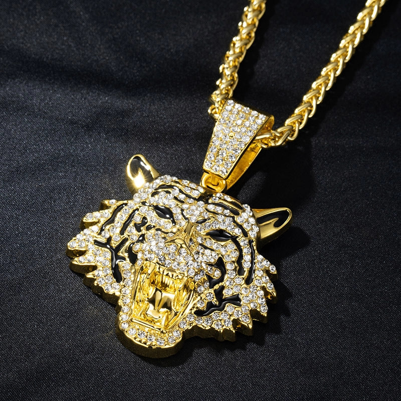 Hip-Hop Tiger Iron Zinc Alloy Inlay Rhinestones Men’s Charms Pendant Necklace
