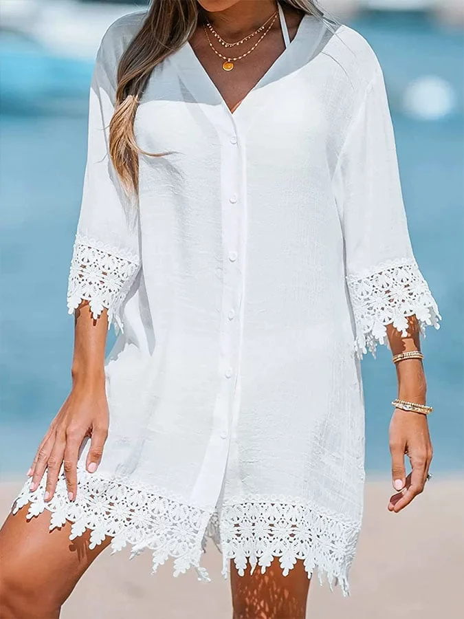 Ladies Casual Solid Color V-Neck Three-quarter Sleeve Lace Stitching Dress