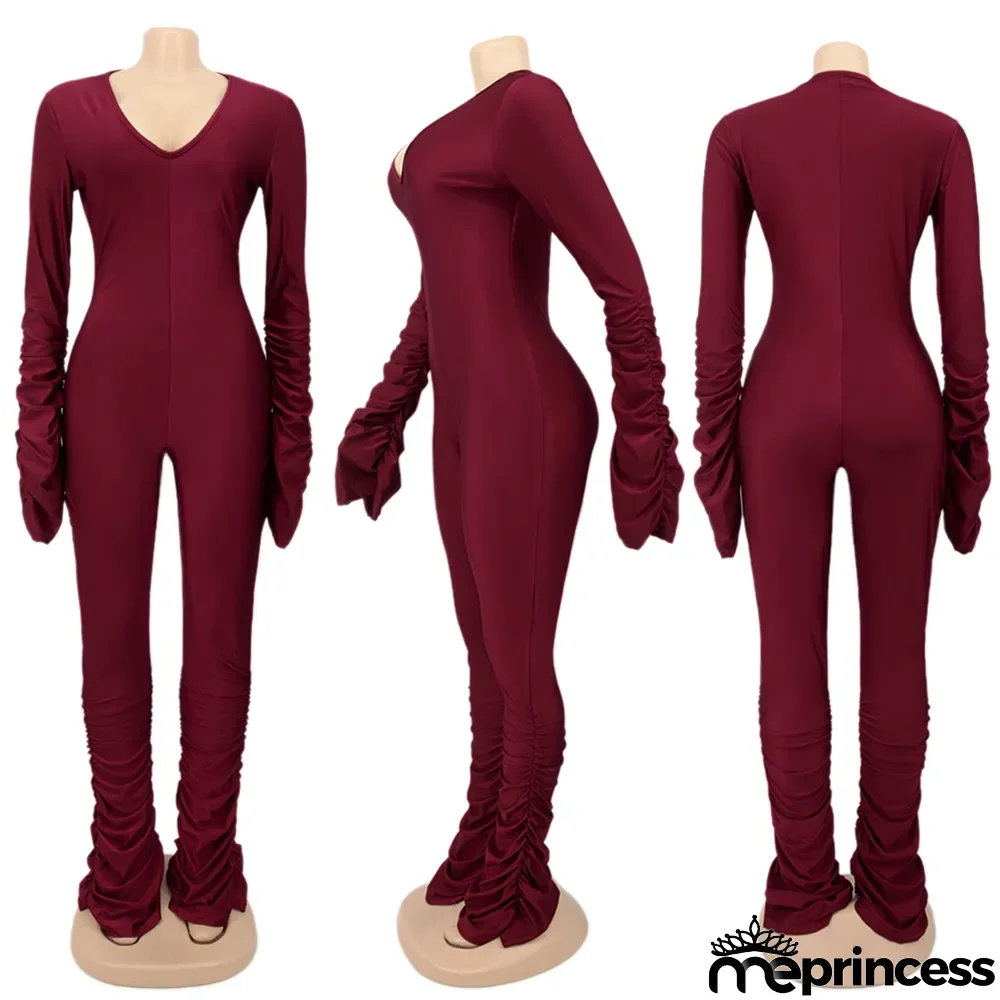 Solid Sexy Long Sleeve Ruched Jumpsuits