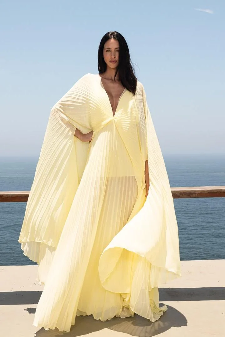 Deep V Neck Backless Long A Line Prom Dress With Ruffles Pleated XJ0565