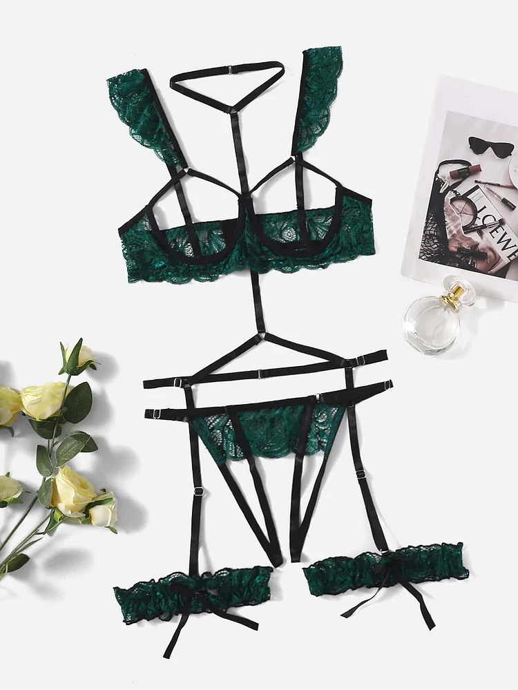 Ensemble de lingerie jarretière à armatures en dentelle florale découpée