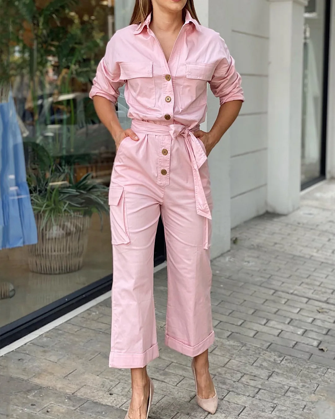 Lapel Casual Button Up Jumpsuit