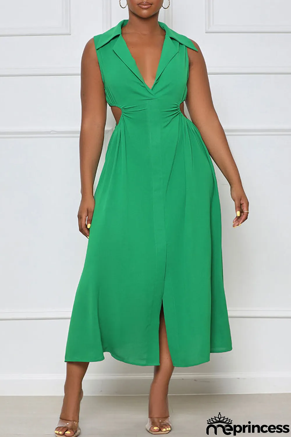 Blue Sexy Solid Hollowed Out Patchwork V Neck A Line Dresses