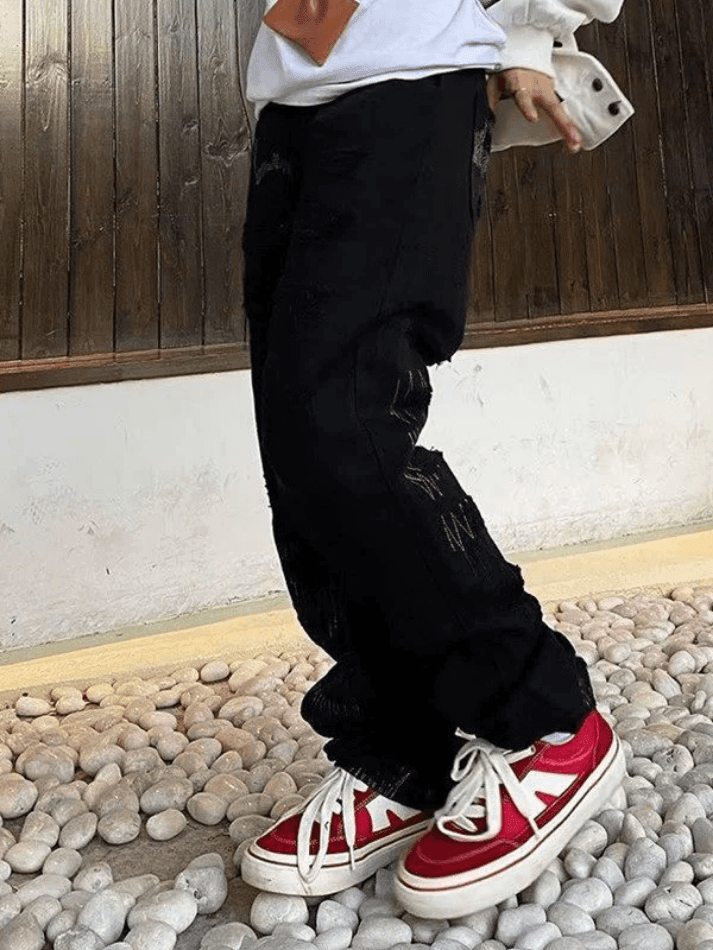 Aonga - Men's Stitch Detail Distressed Black Loose Jeans aonga