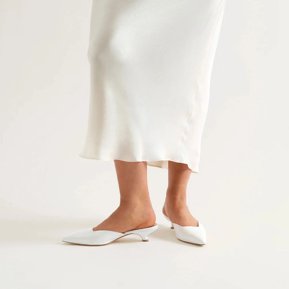 White Faux Leather Pointed Toe Square Cut Slip On Mule Kitten Heels