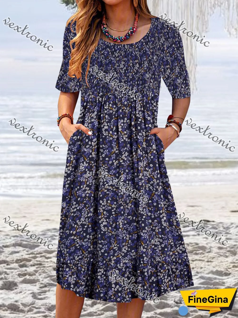 Women Short Sleeve Scoop Neck Printed Midi Dress