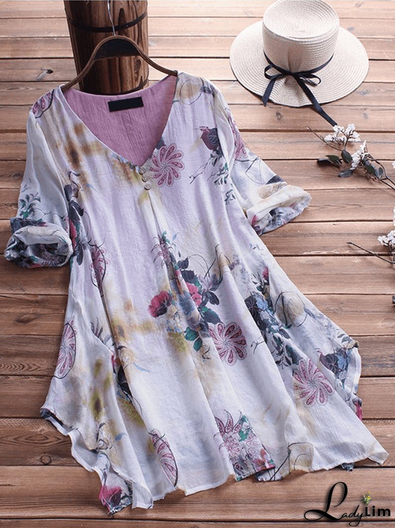 Women's Floral Printed Asymmetric Hem Blouse - Loose Fit, Retro Style