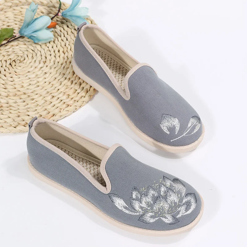 Back To School Women Casual Cotton Fabric Embroidered Loafers Ladies Slip On Comfortable Driving Walking Flat Sneakers Shoes Grey Green