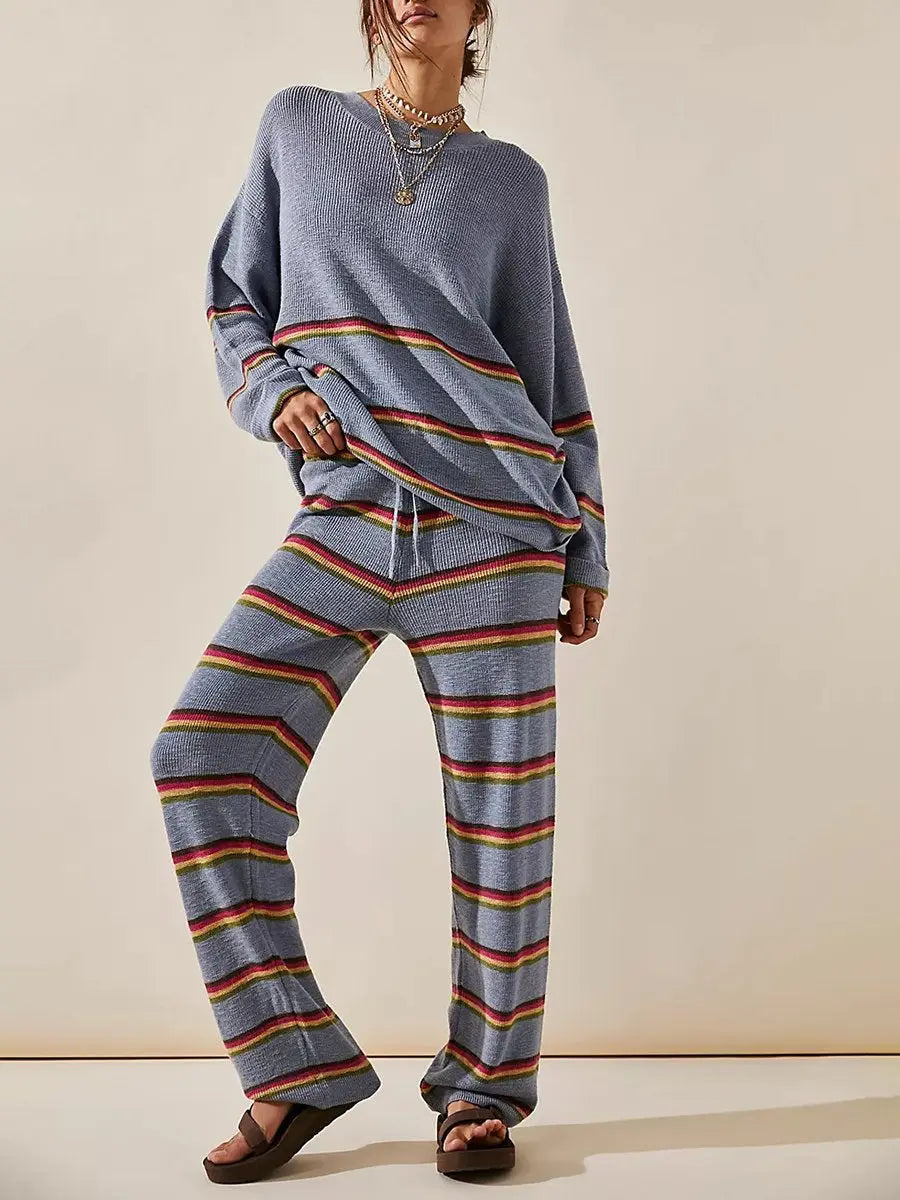 Round Neck Long Sleeve Striped Sweater Two Piece Set