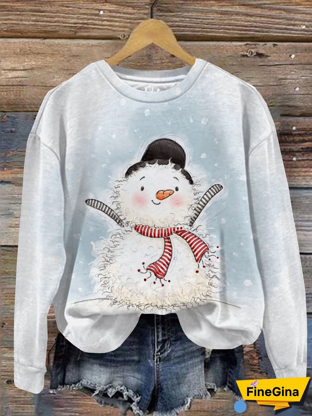 Cute Snowman Print Round Neck Long Sleeve Top