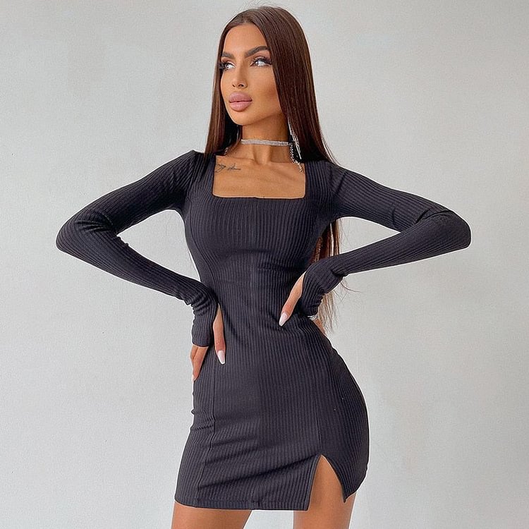 Hugcitar Green Solid Ribbed Long Sleeves Square Neck Mini Dress 2021 Fall Bodycon Sexy Party Club Elegant Y2K
