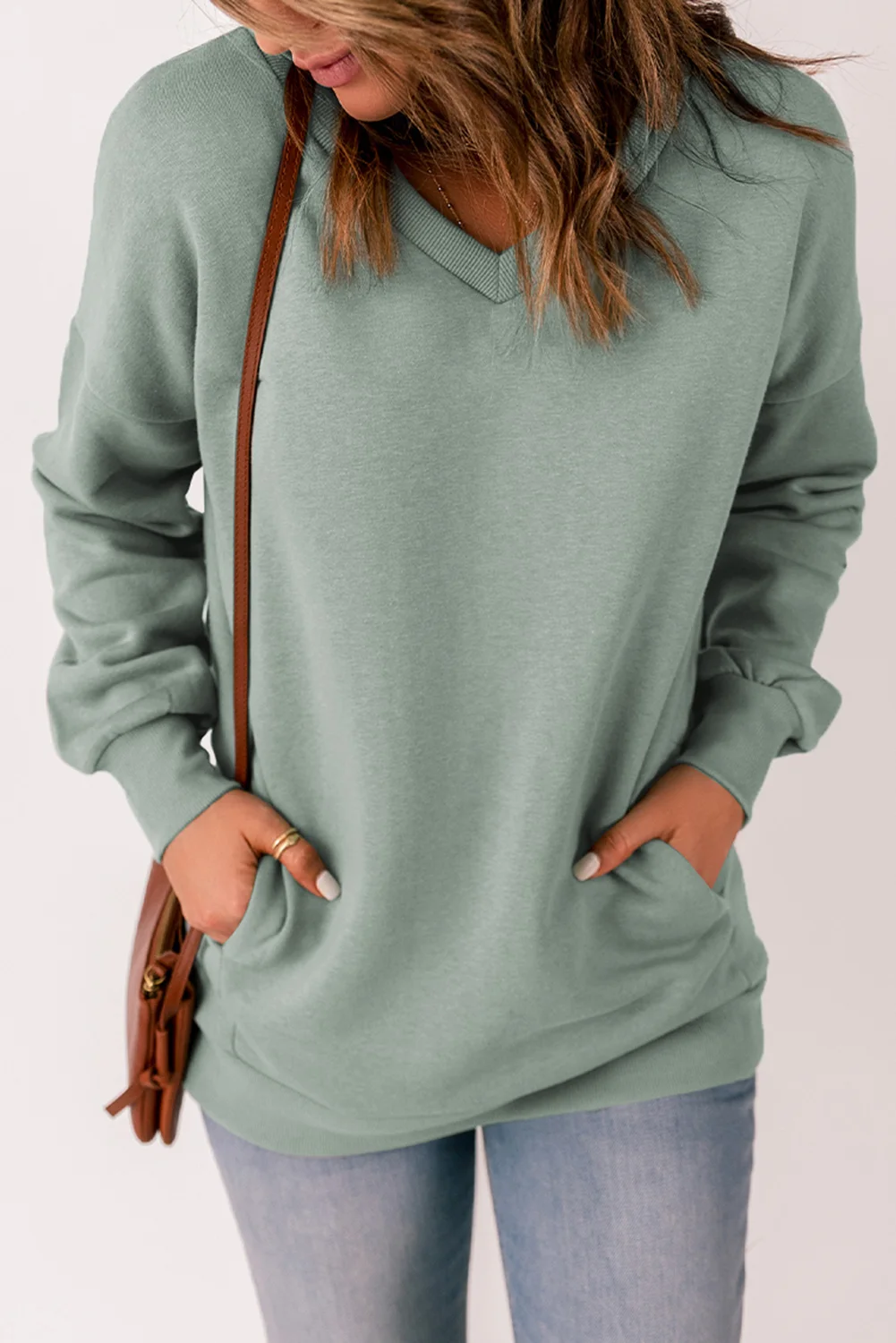 Green V Neck Drop Shoulder Sweatshirt with Pocket | IFYHOME