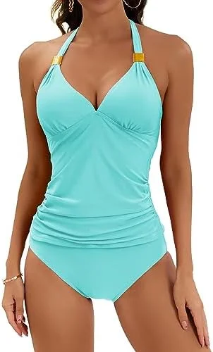 Halter V Neck Tummy Control Tankini Swimsuit for Women 