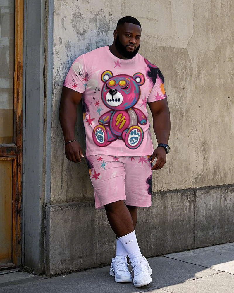 Big Men's Hip Hop Street Fashion Graffiti Bear Printed Casual Short Sleeve T-shirt Shorts Set