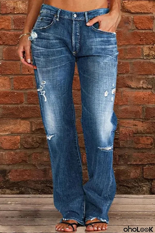 Vintage Washed Ripped Wide Leg Jeans