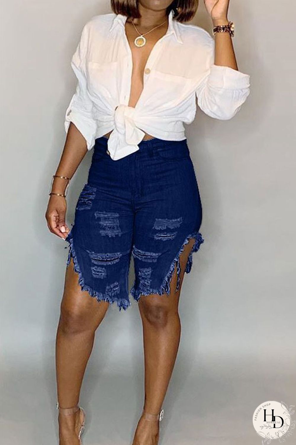 Light Blue Black Light Blue Dark Blue Denim Button Fly Mid Asymmetrical Boot Cut Capris Bottoms