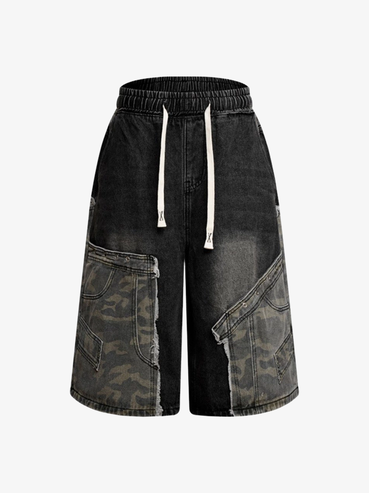 Black Act Chic Camo Patchwork Washed Longline Jorts Front