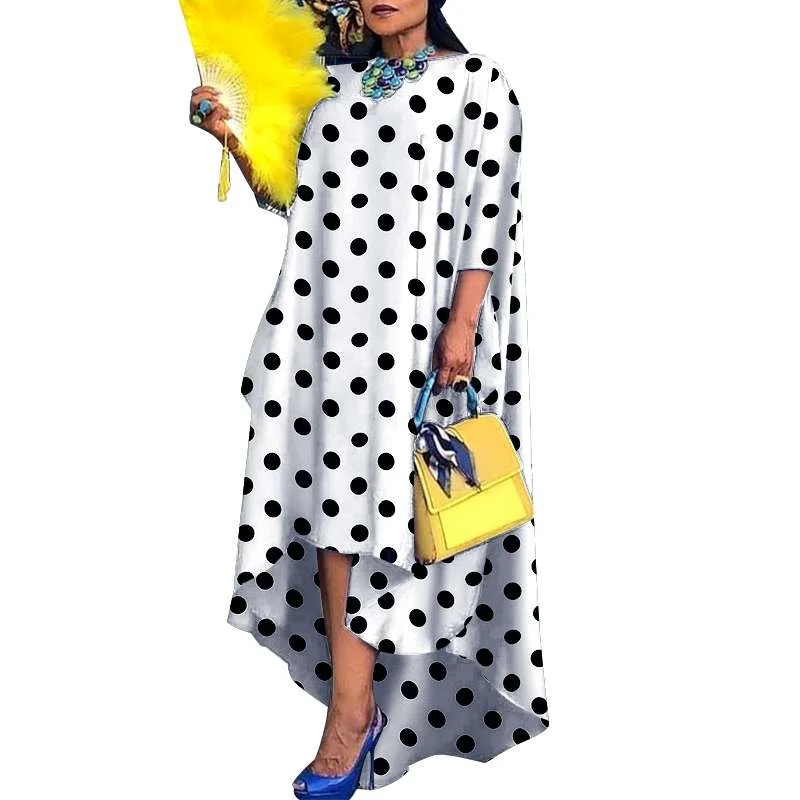 Women Vintage Polka Dot Midi Dress 2022 VONDA Sexy 3/4 Sleeve Party Dresses Behemian Asymmetric Hem Party Vestido Oversized Robe