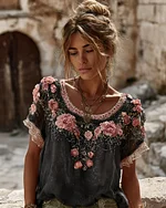 Women's Vintage Floral Embroidered Art Flowy Linen Blend Short Sleeve Casual Tops - Image 7