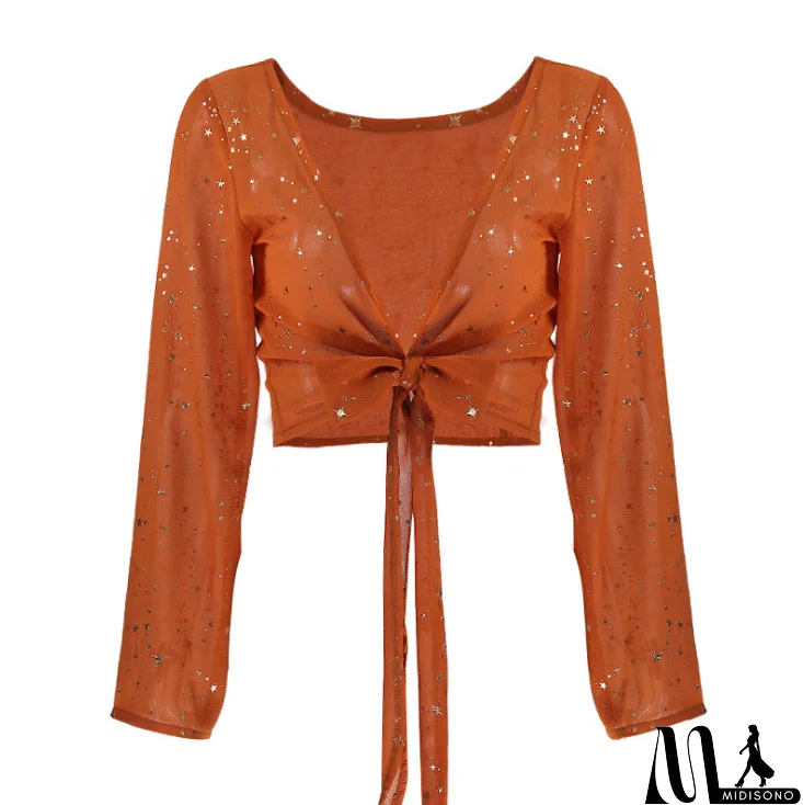 MidiSono - Women V-Neck Long-Sleeved Lace Five-Pointed Star Top