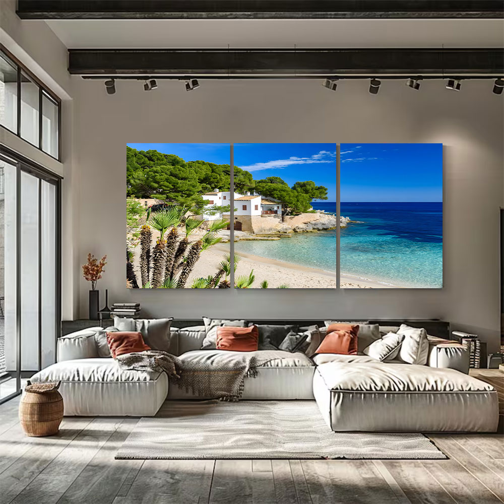 3-Piece Set Seaside Village Above a Clear Blue Cove Canvas Art