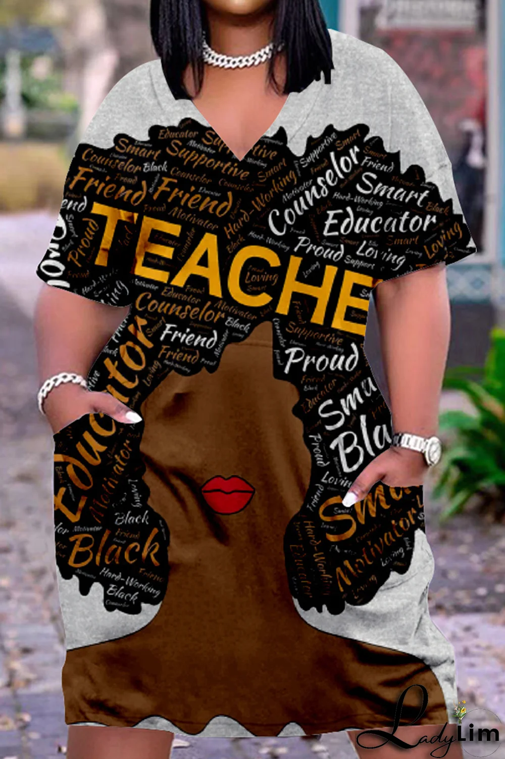 Black White Casual Print Split Joint V Neck Straight Dresses