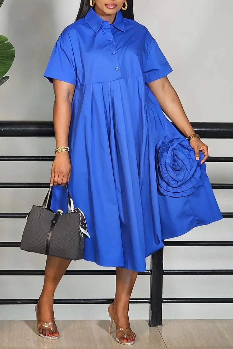 Plus Size Business Casual Royal Blue Casual Shirt Collar Short Sleeve 3D Floral Pocket Midi Dresses [Pre-Order] 2024 - Xpluswear