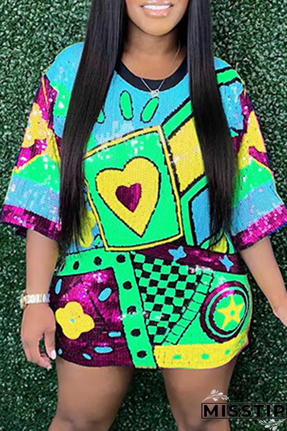 Rose Red Fashion Casual Patchwork Sequins O Neck A Line Dresses