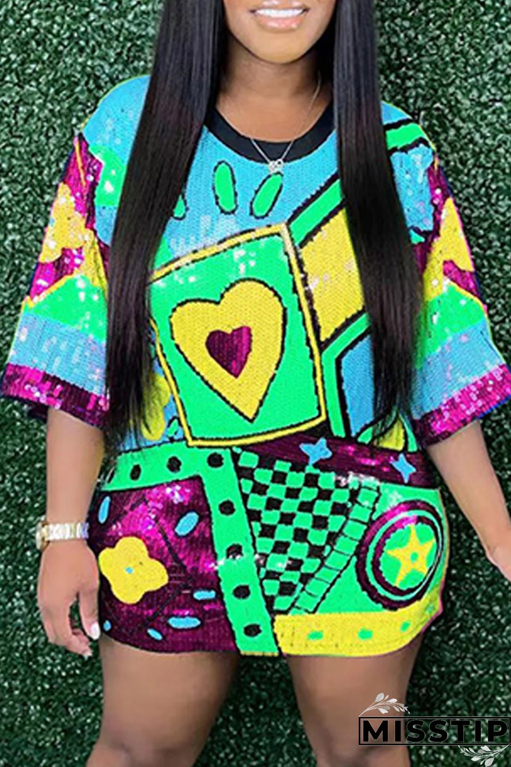 Rose Red Fashion Casual Patchwork Sequins O Neck A Line Dresses