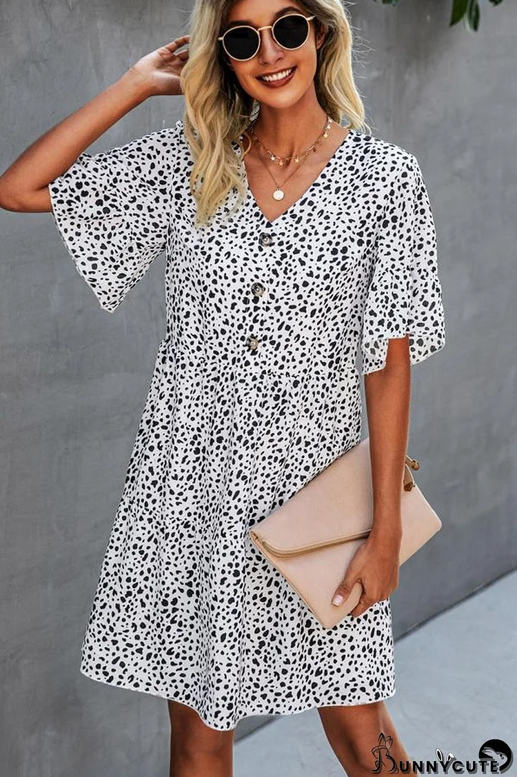 Fashion Printed V Neck Ruffle Sleeves Dress