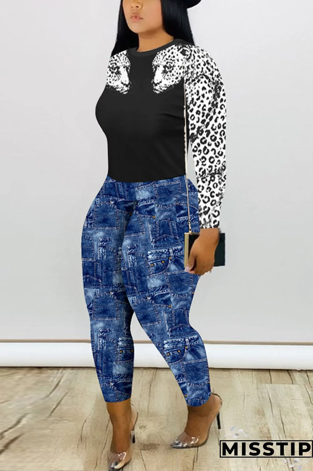 Black Fashion Casual Print Basic O Neck Long Sleeve Two Pieces
