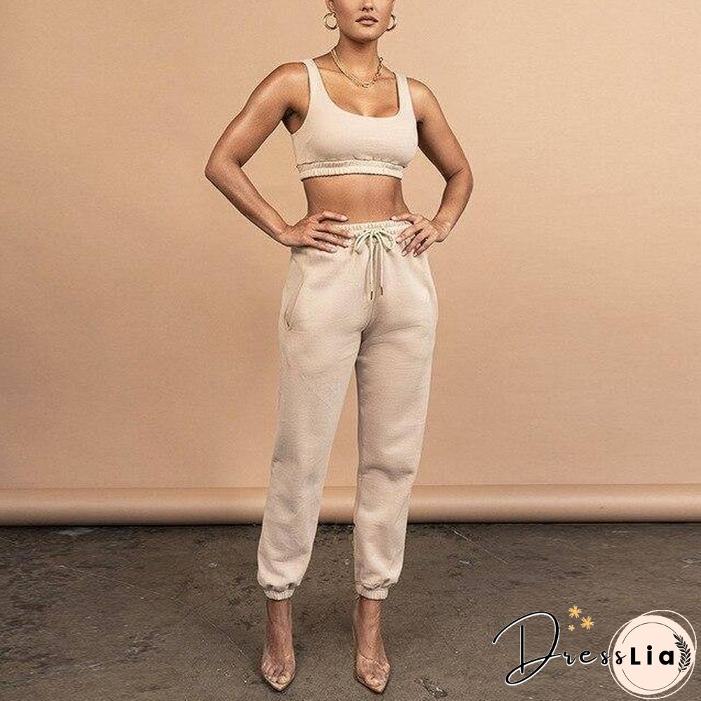 2 Piece Women Sports Casual Set Sweatshirt Crop Tops Pocket Sweatpants Baggy Pants Tracksuit Streetwear Joggers Summer Outfits