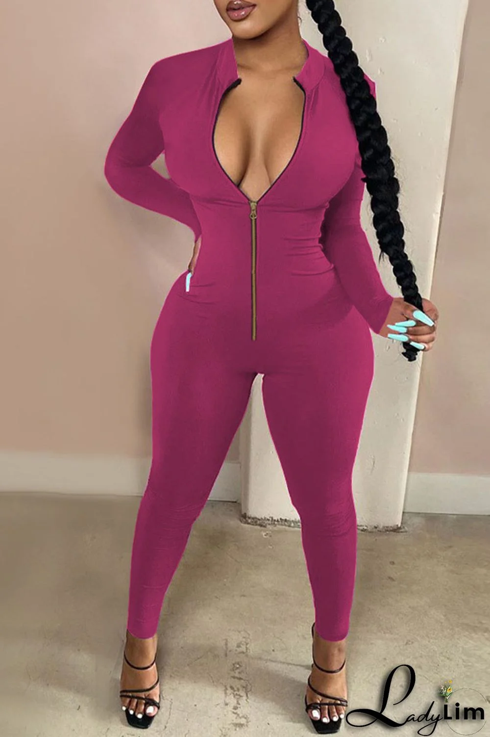 Rose Red Sexy Casual Sportswear Solid Zipper Half A Turtleneck Skinny Jumpsuits