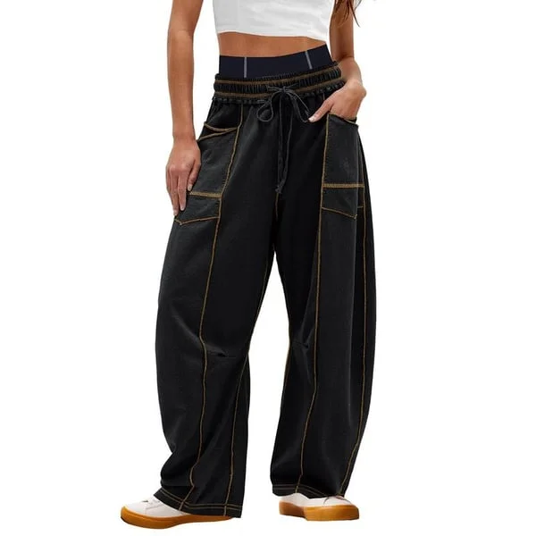 Womens Baggy Barrel Pants Wide Leg Lounge Drawstring Sweatpants with Pockets