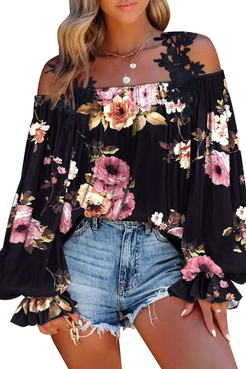 Black Floral Print Lace Patchwork Loose Cold Shoulder Blouse