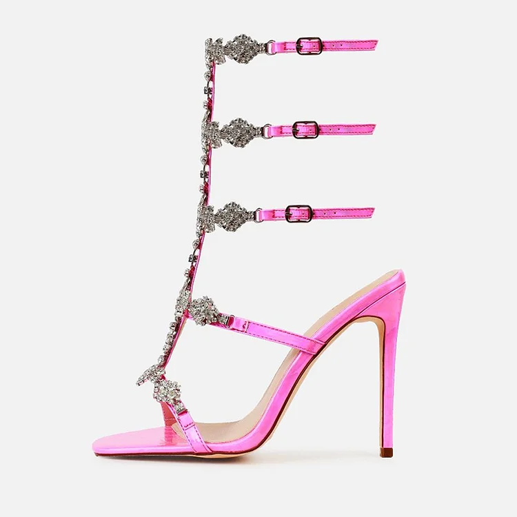 Pink Patent Leather Python Opened Square Toe Rhinestone T-Strappy Sandals With Stiletto Heels |FSJ Shoes