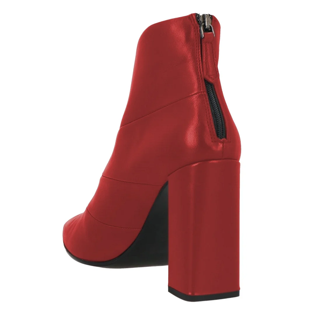 Red Vegan Leather Pointed Toe Chunky Heeled Ankle Boots with Wrinkle