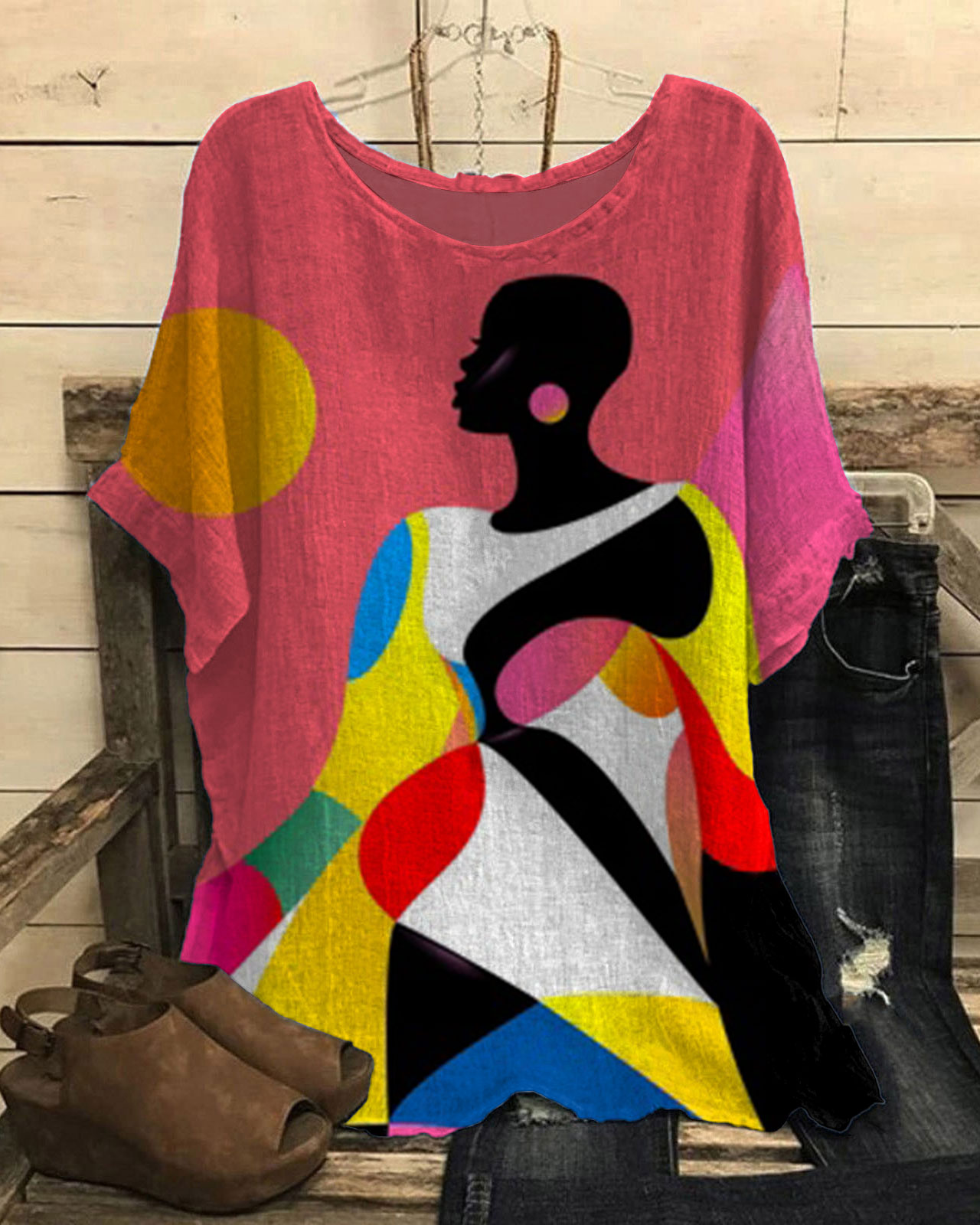 Colorful African Girl Print Short Sleeve Casual Linen Blend Tunic
