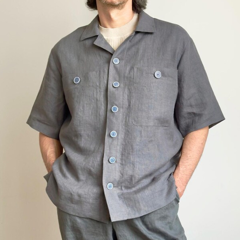 Men's Casual Charcoal Grey Linen Short Sleeve Shirt