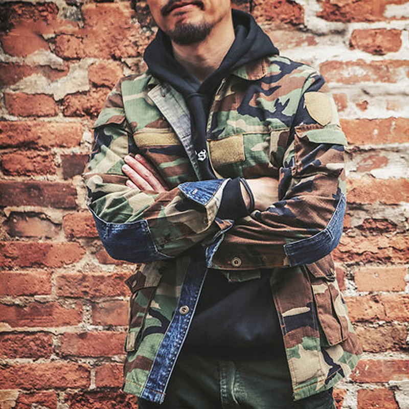 American Denim Panel Camouflage Long Sleeve Jacket
