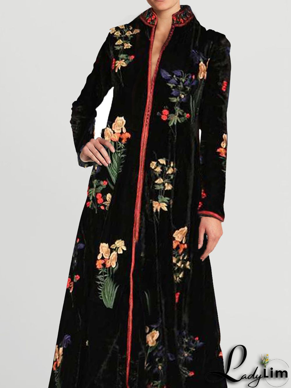 UR Casual Floral Stand Collar Long Sleeve Velvet Midi Dress
