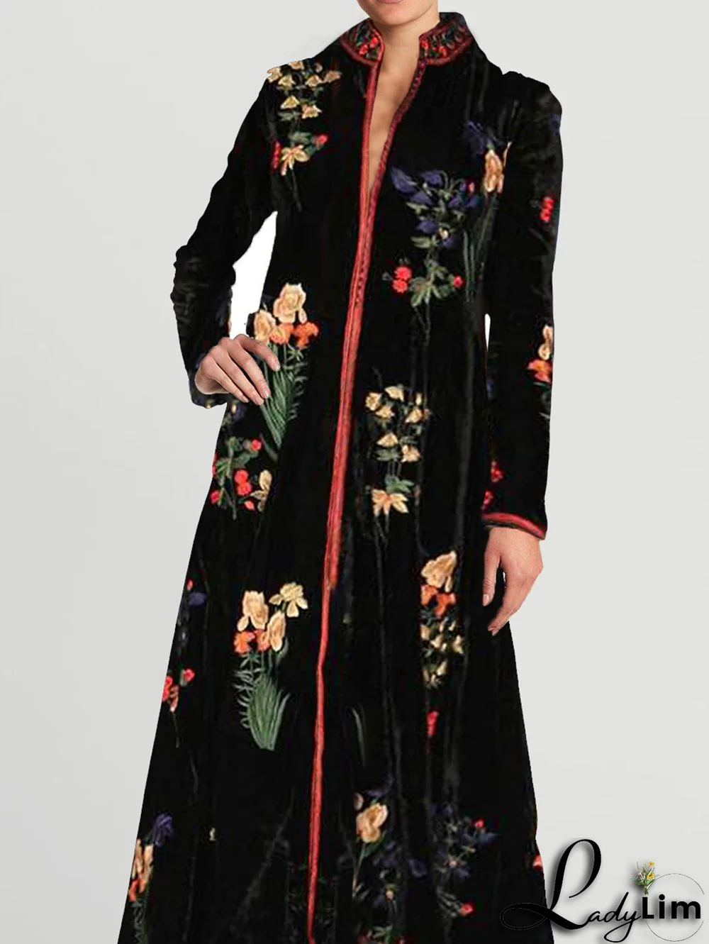 UR Casual Floral Stand Collar Long Sleeve Velvet Midi Dress